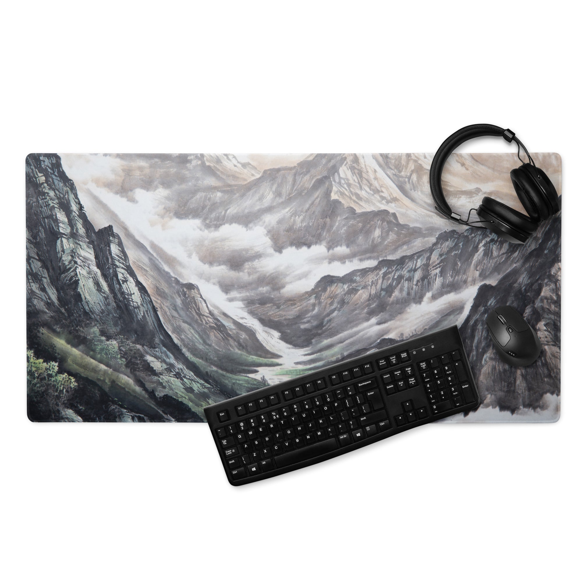 Mist Mountain Gaming Pad - Mountain Landscape Gray Green Desk Pad Watercolor Calm Mood Minimal Nordic Accessory Print