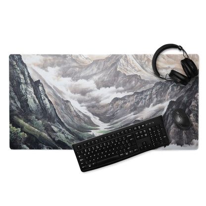 Mist Mountain Gaming Pad - Mountain Landscape Gray Green Desk Pad Watercolor Calm Mood Minimal Nordic Accessory Print