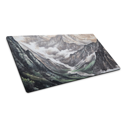 Mist Mountain Gaming Pad - Mountain Landscape Gray Green Desk Pad Watercolor Calm Mood Minimal Nordic Accessory Print
