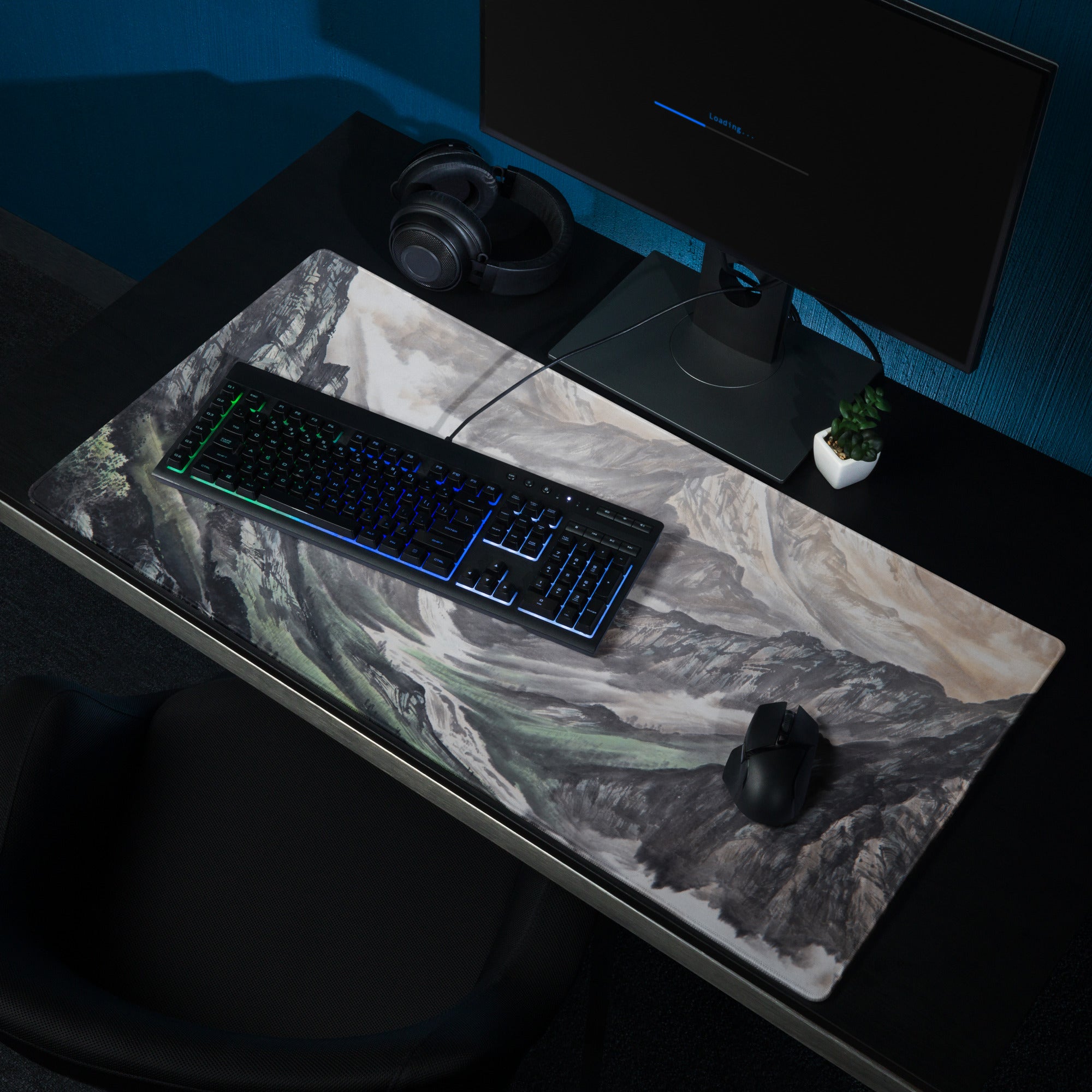 Mist Mountain Gaming Pad - Mountain Landscape Gray Green Desk Pad Watercolor Calm Mood Minimal Nordic Accessory Print