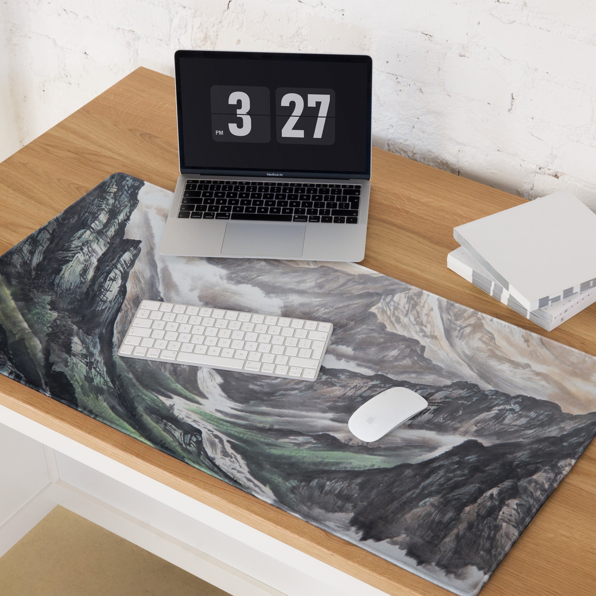 Mist Mountain Gaming Pad - Mountain Landscape Gray Green Desk Pad Watercolor Calm Mood Minimal Nordic Accessory Print