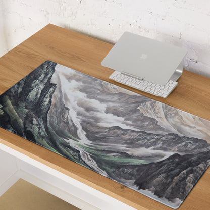 Mist Mountain Gaming Pad - Mountain Landscape Gray Green Desk Pad Watercolor Calm Mood Minimal Nordic Accessory Print