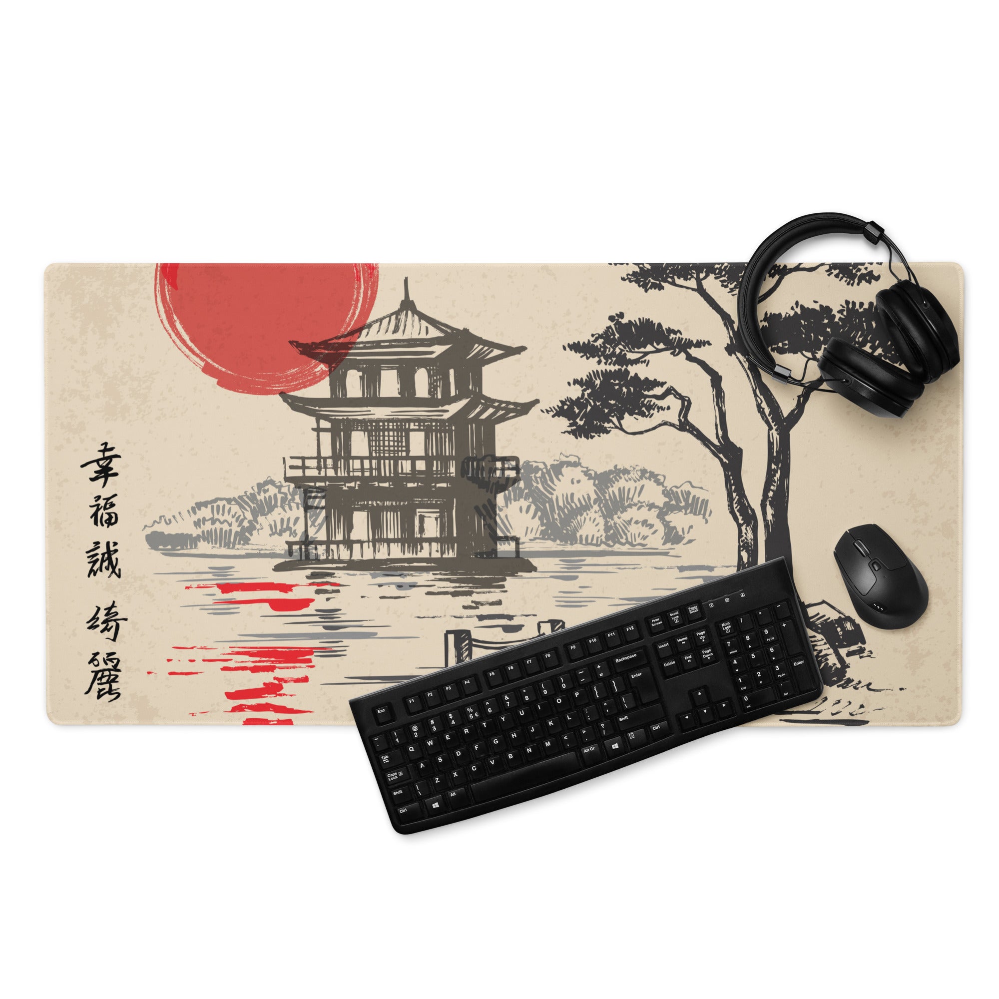 Zen Ukiyoe Style Mouse Pad - Mouse Pad Beige Black Red Sun Ukiyoe Gaming Desk Calm Mood Traditional Japanese Woodblock