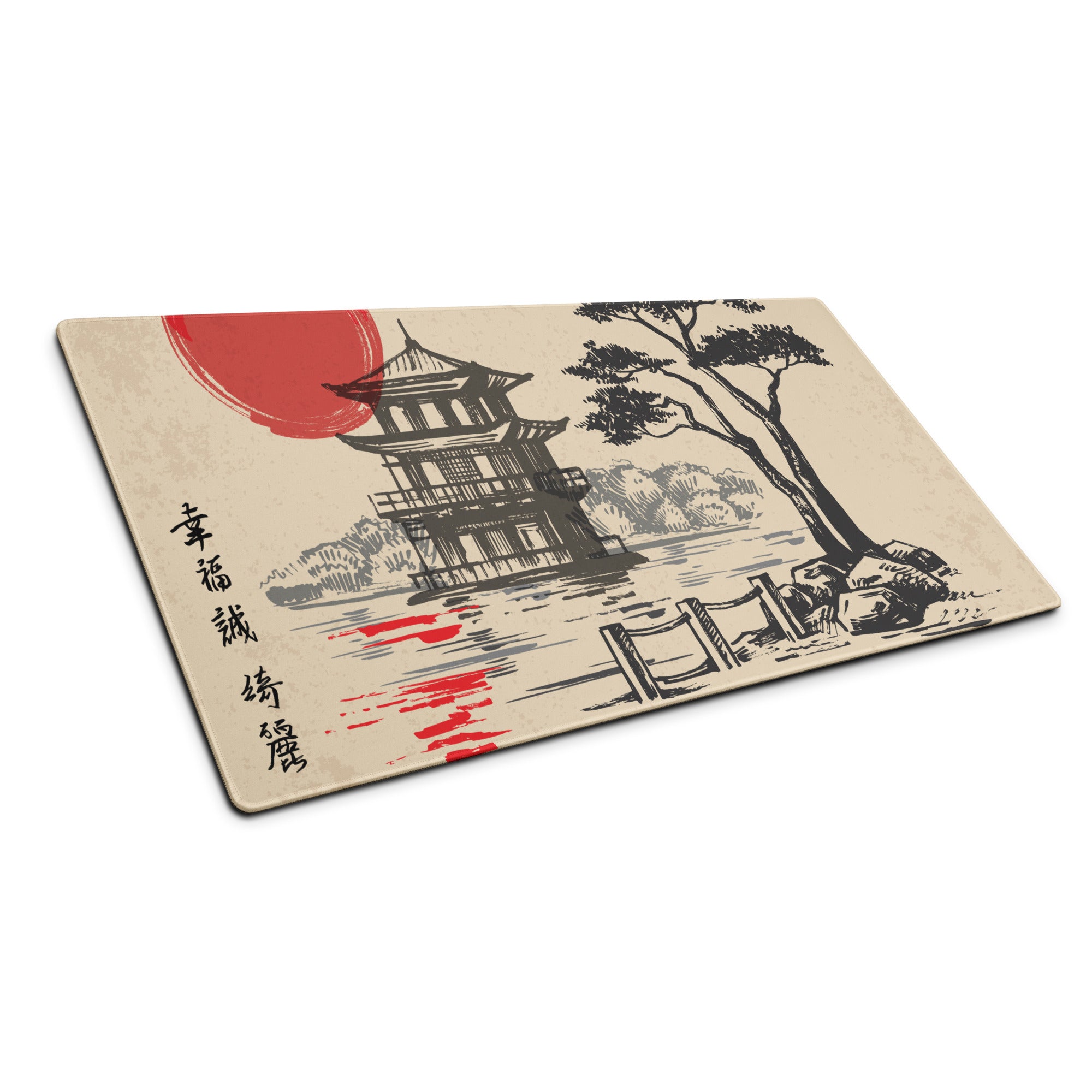 Zen Ukiyoe Style Mouse Pad - Mouse Pad Beige Black Red Sun Ukiyoe Gaming Desk Calm Mood Traditional Japanese Woodblock