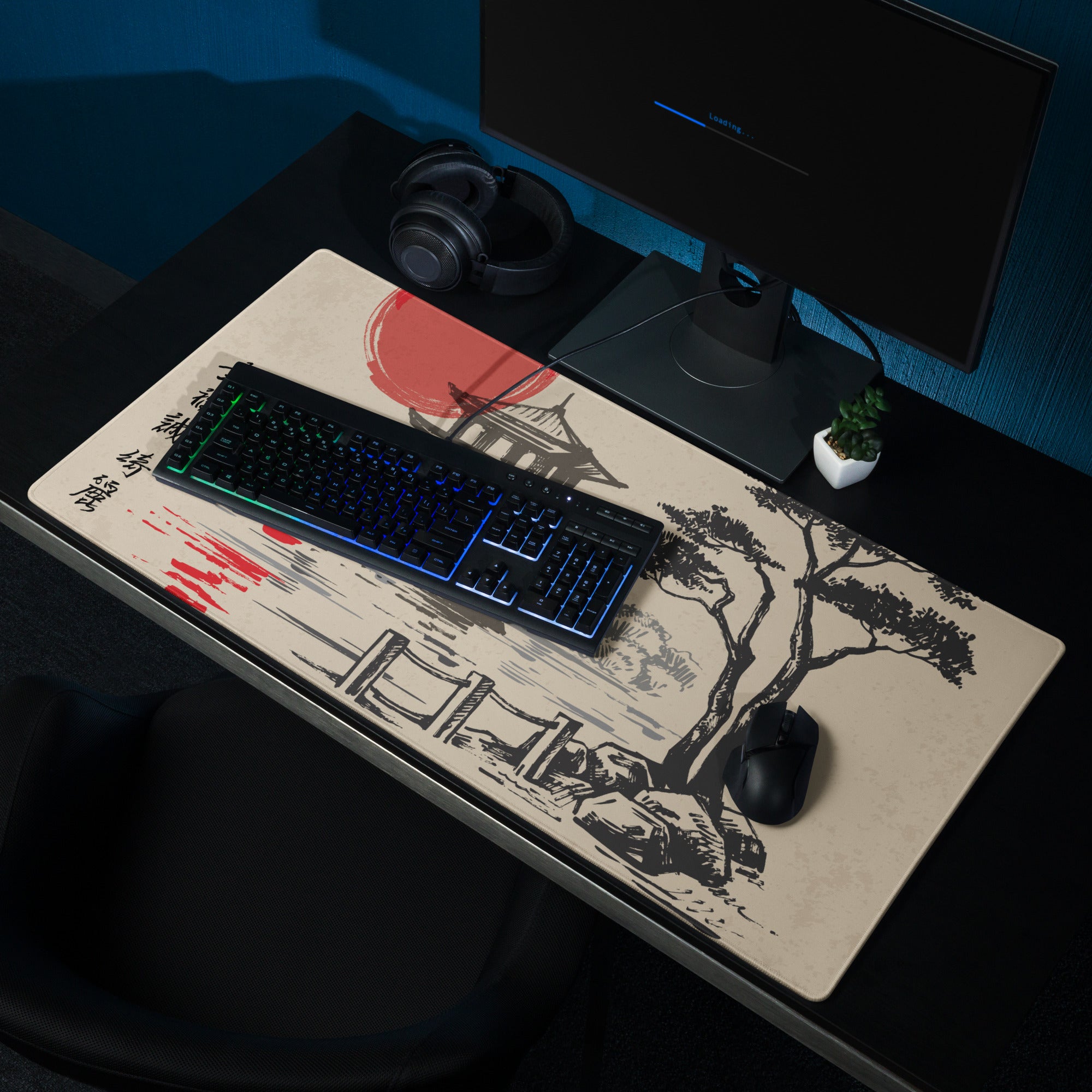 Zen Ukiyoe Style Mouse Pad - Mouse Pad Beige Black Red Sun Ukiyoe Gaming Desk Calm Mood Traditional Japanese Woodblock