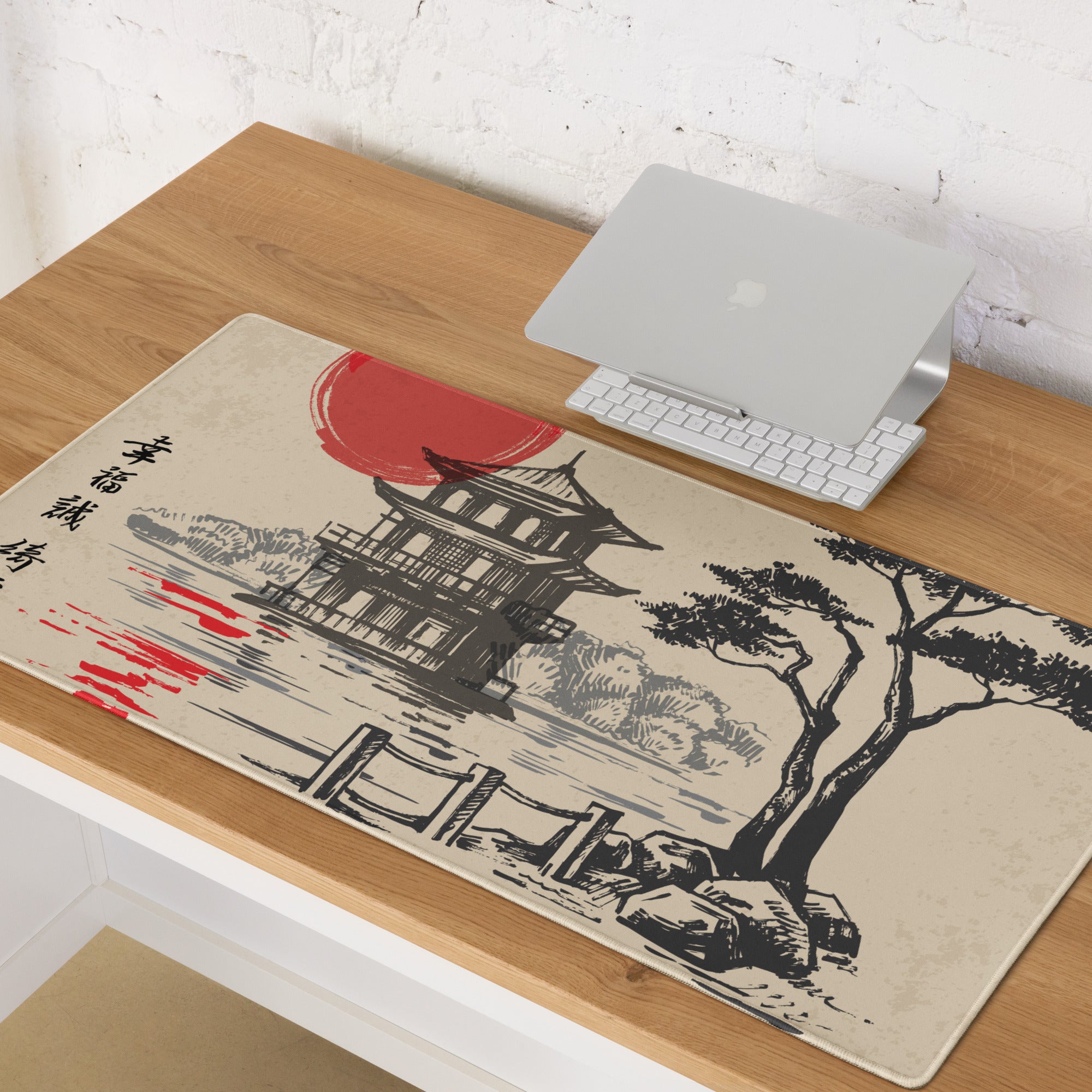 Zen Ukiyoe Style Mouse Pad - Mouse Pad Beige Black Red Sun Ukiyoe Gaming Desk Calm Mood Traditional Japanese Woodblock