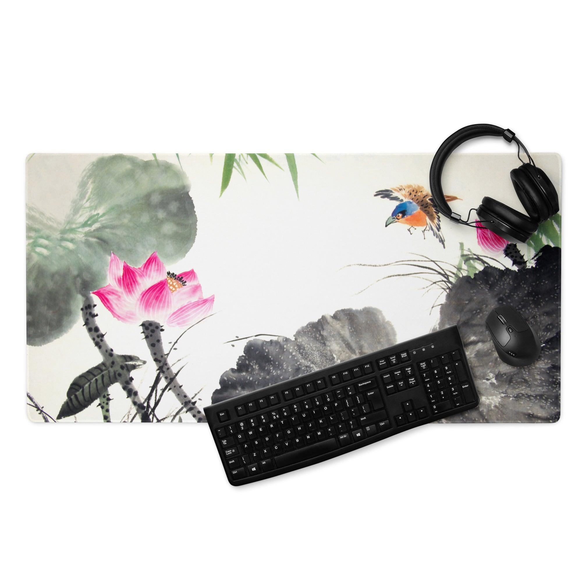 Floral Crane Watercolor Mouse Pad - Mouse Pad Floral Blue Pink Green Desk Watercolor Calm Zen Aesthetic Desktop Gaming
