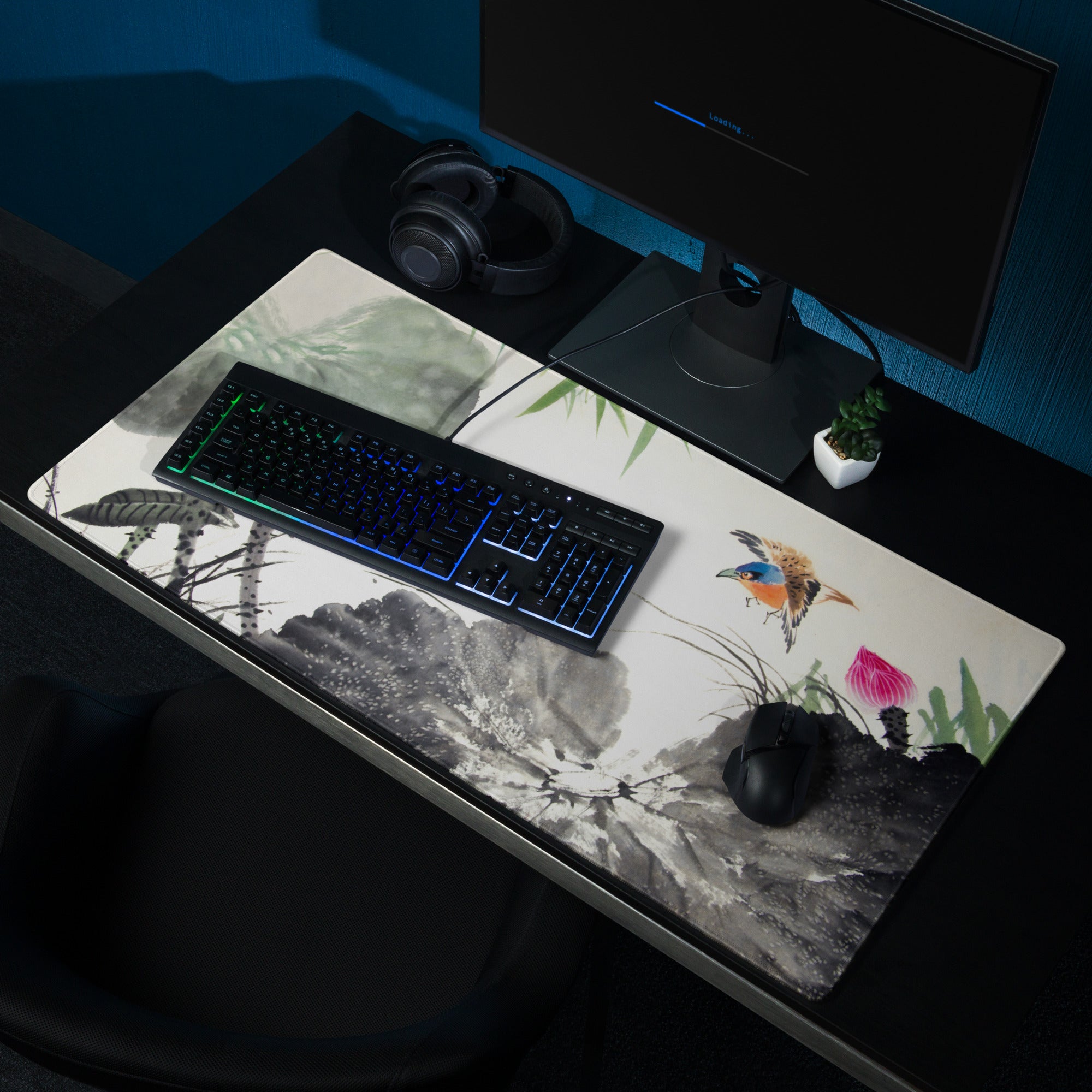 Floral Crane Watercolor Mouse Pad - Mouse Pad Floral Blue Pink Green Desk Watercolor Calm Zen Aesthetic Desktop Gaming