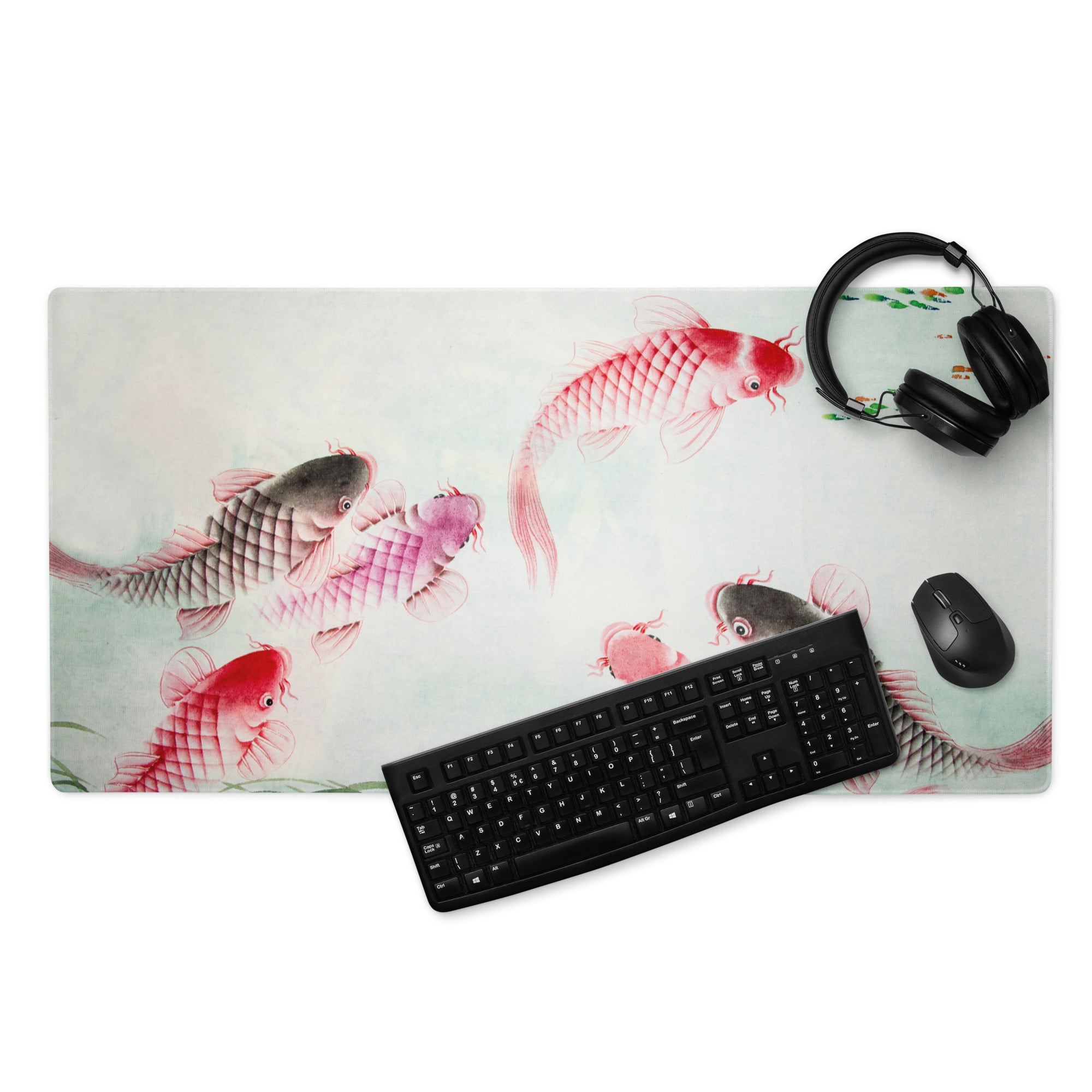 Koi Fish Large Gaming Mouse Pad - Koi Fish Pink Red Desk Pad Watercolor - Serene Mood Decor Koi Art