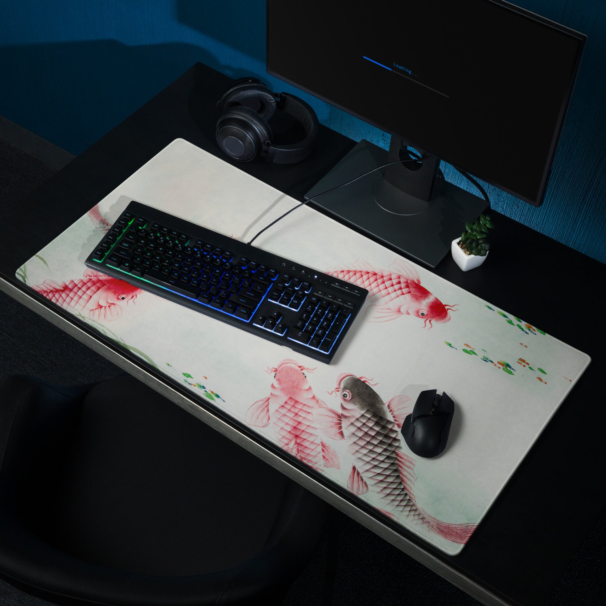 Koi Fish Large Gaming Mouse Pad - Koi Fish Pink Red Desk Pad Watercolor - Serene Mood Decor Koi Art