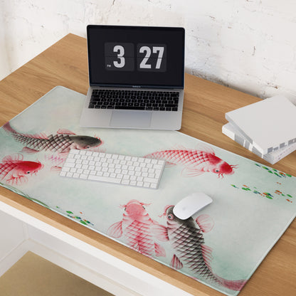 Koi Fish Large Gaming Mouse Pad - Koi Fish Pink Red Desk Pad Watercolor - Serene Mood Decor Koi Art