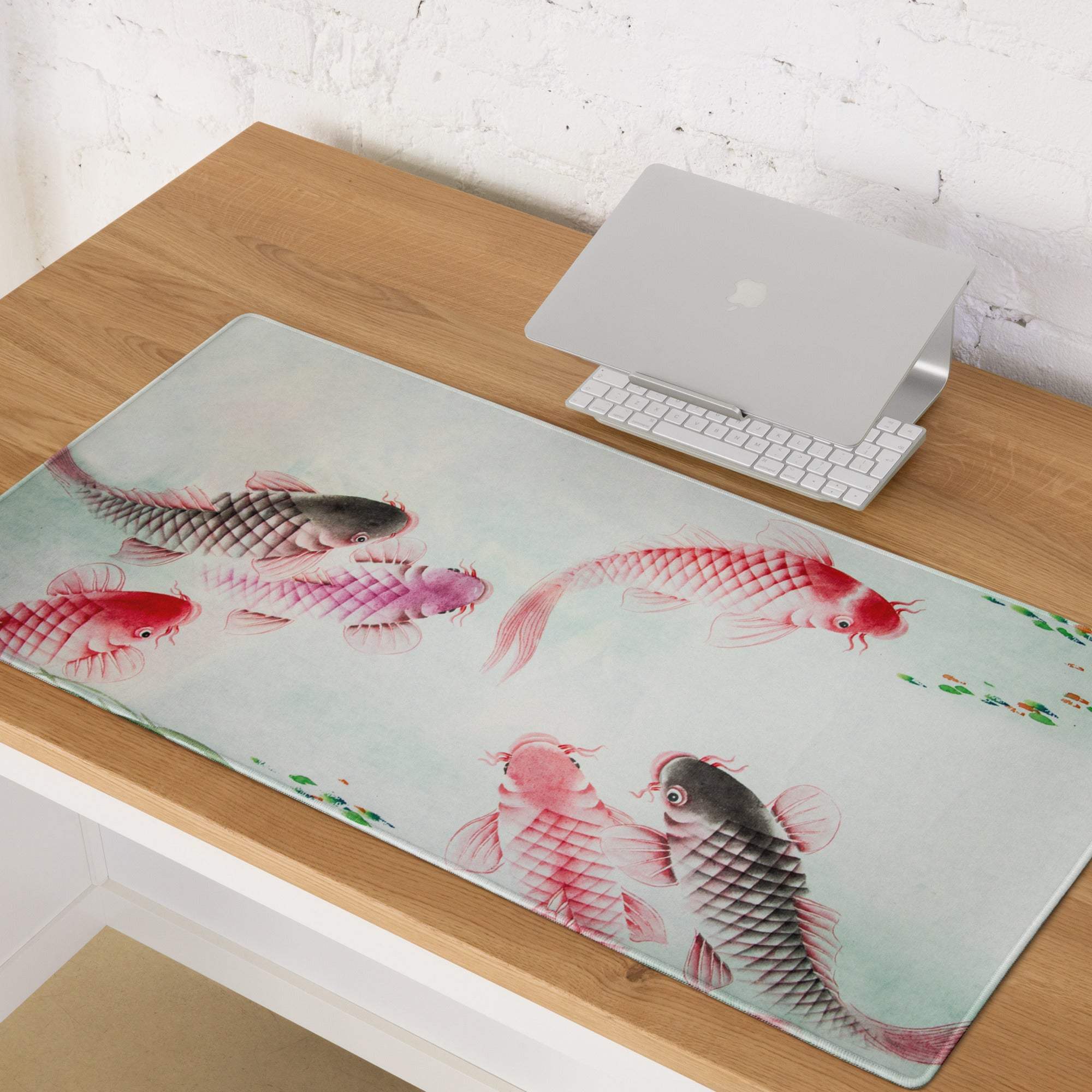 A rectangular light green koi fish large gaming mouse pad with pink and gray watercolor koi art for serene decor