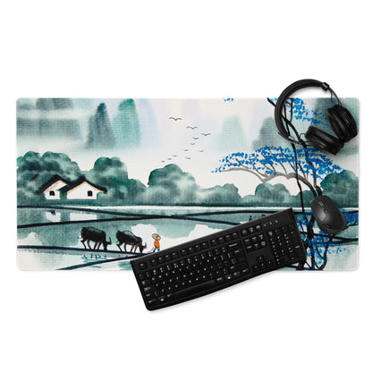 Watercolor Landscape Mouse Pad - Landscape Blue Teal Gaming Desk Oriental Calm Serene Mood Desk Mat Mouse Pad Watercolor