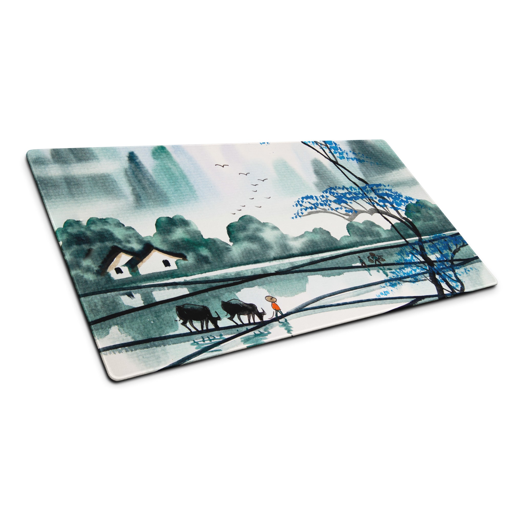 Watercolor Landscape Mouse Pad - Landscape Blue Teal Gaming Desk Oriental Calm Serene Mood Desk Mat Mouse Pad Watercolor