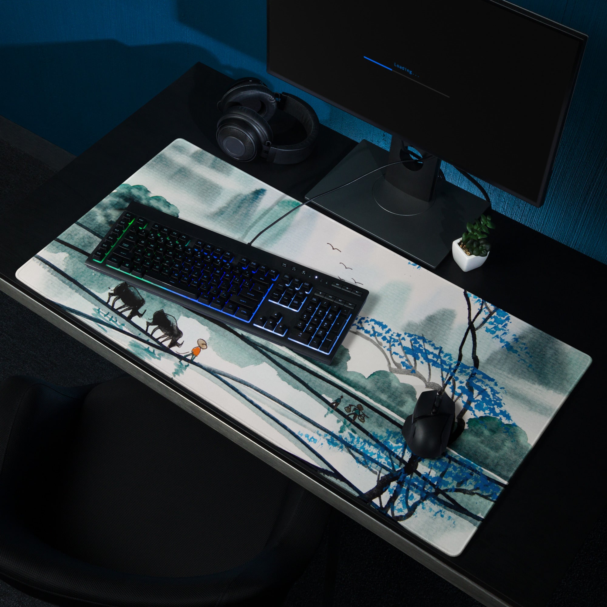 Watercolor Landscape Mouse Pad - Landscape Blue Teal Gaming Desk Oriental Calm Serene Mood Desk Mat Mouse Pad Watercolor