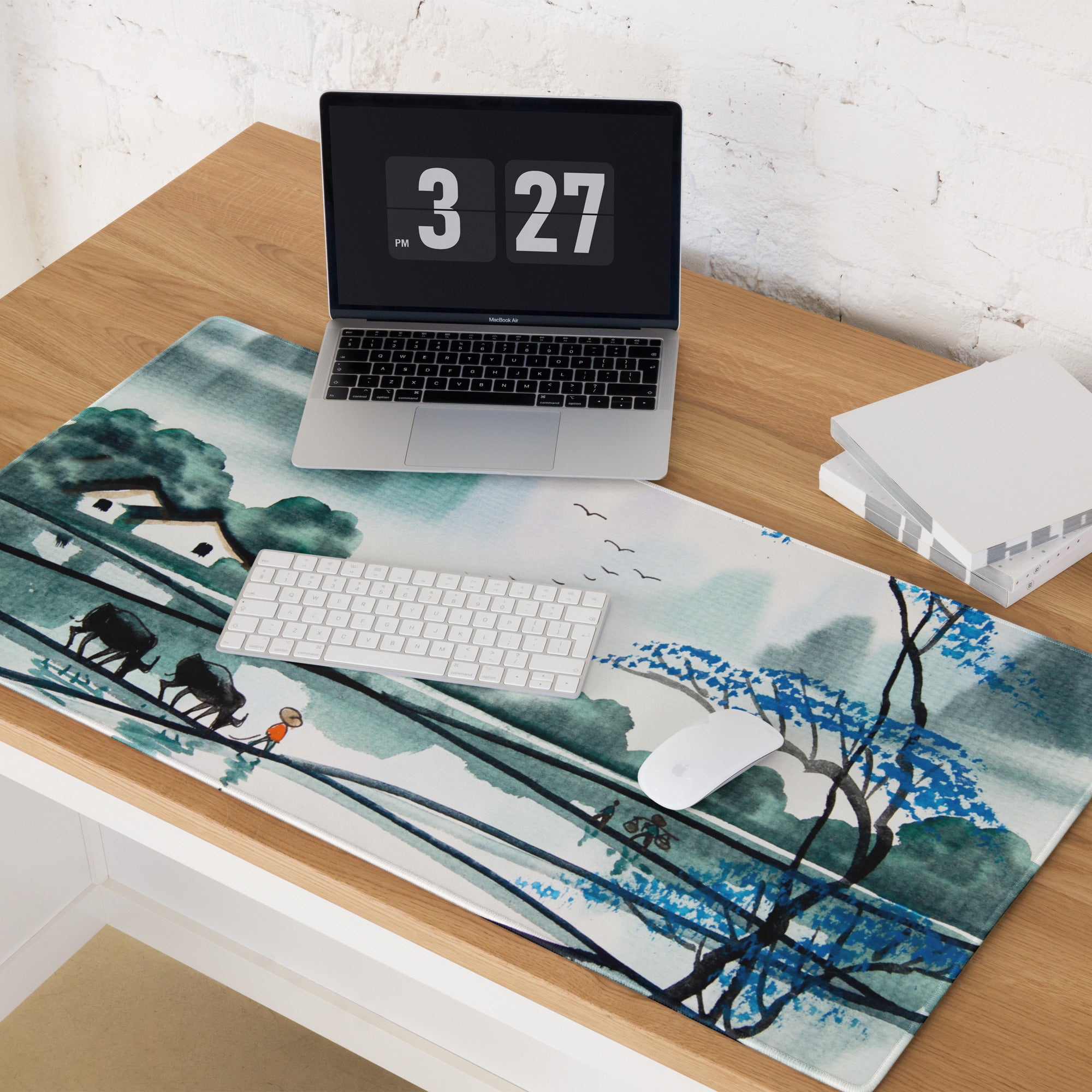 Watercolor Landscape Mouse Pad - Landscape Blue Teal Gaming Desk Oriental Calm Serene Mood Desk Mat Mouse Pad Watercolor
