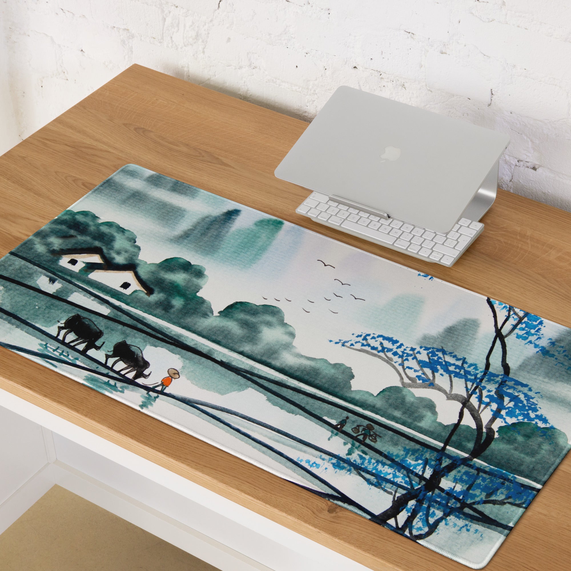 Watercolor Landscape Mouse Pad - Landscape Blue Teal Gaming Desk Oriental Calm Serene Mood Desk Mat Mouse Pad Watercolor