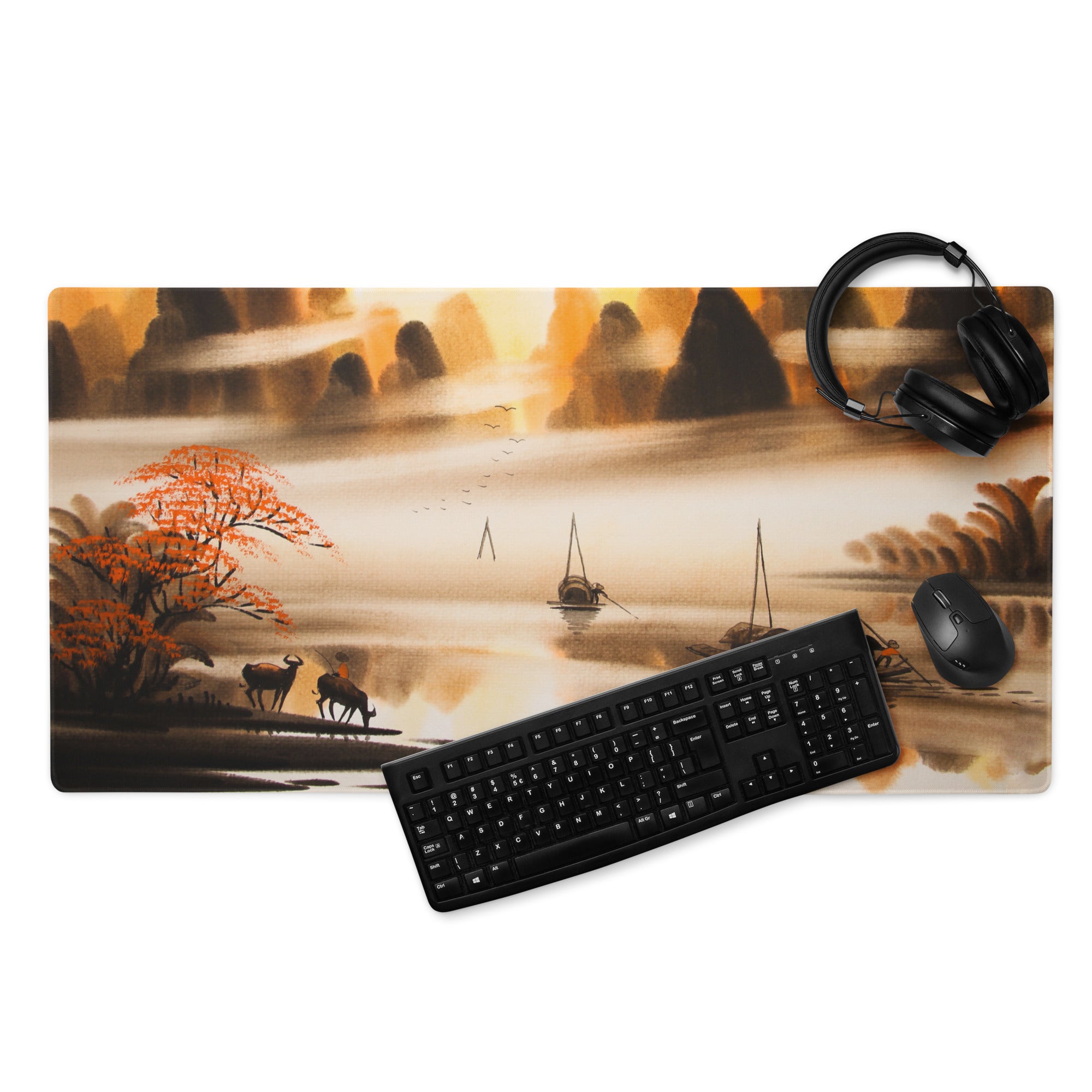 Autumn Harbor Scenic Mouse Pad - Harbor Landscape Orange Brown Desk Decor Watercolor Calm Mood Rustic Modern Desk Pad