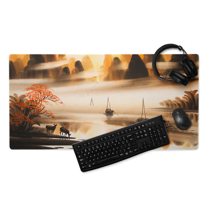 Autumn Harbor Scenic Mouse Pad - Harbor Landscape Orange Brown Desk Decor Watercolor Calm Mood Rustic Modern Desk Pad