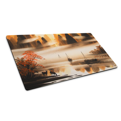 Autumn Harbor Scenic Mouse Pad - Harbor Landscape Orange Brown Desk Decor Watercolor Calm Mood Rustic Modern Desk Pad