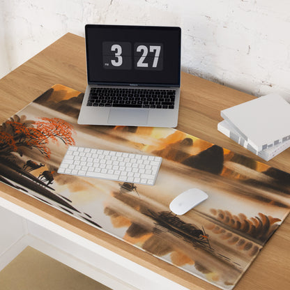 Autumn Harbor Scenic Mouse Pad - Harbor Landscape Orange Brown Desk Decor Watercolor Calm Mood Rustic Modern Desk Pad