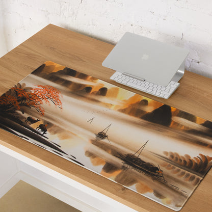 Autumn Harbor Scenic Mouse Pad - Harbor Landscape Orange Brown Desk Decor Watercolor Calm Mood Rustic Modern Desk Pad