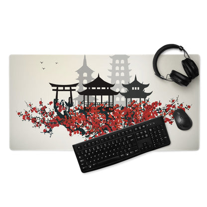 Zen Cityscape Gaming Mouse Pad - Japanese Cityscape Gray Black Red Beige Gaming Desk Ukiyoe Silhouette Serene Mood