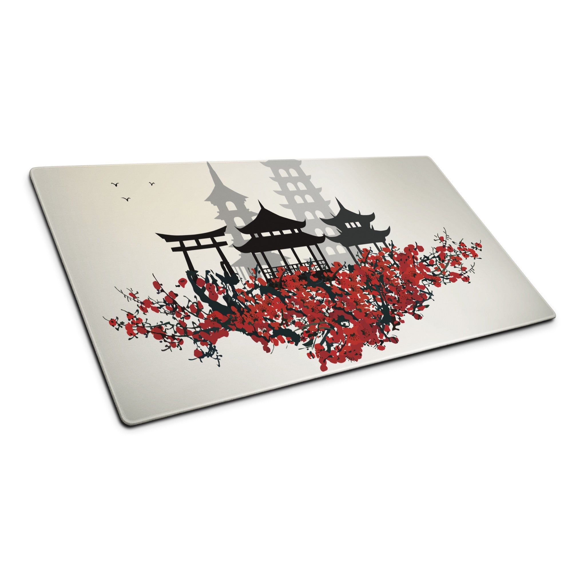 Zen Cityscape Gaming Mouse Pad - Japanese Cityscape Gray Black Red Beige Gaming Desk Ukiyoe Silhouette Serene Mood