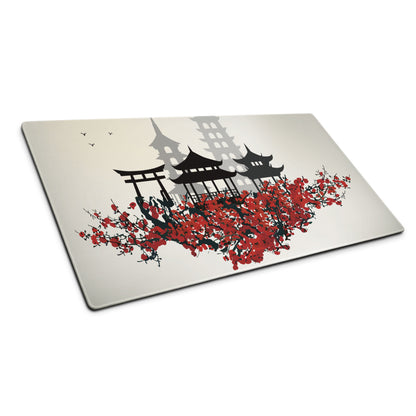 Zen Cityscape Gaming Mouse Pad - Japanese Cityscape Gray Black Red Beige Gaming Desk Ukiyoe Silhouette Serene Mood