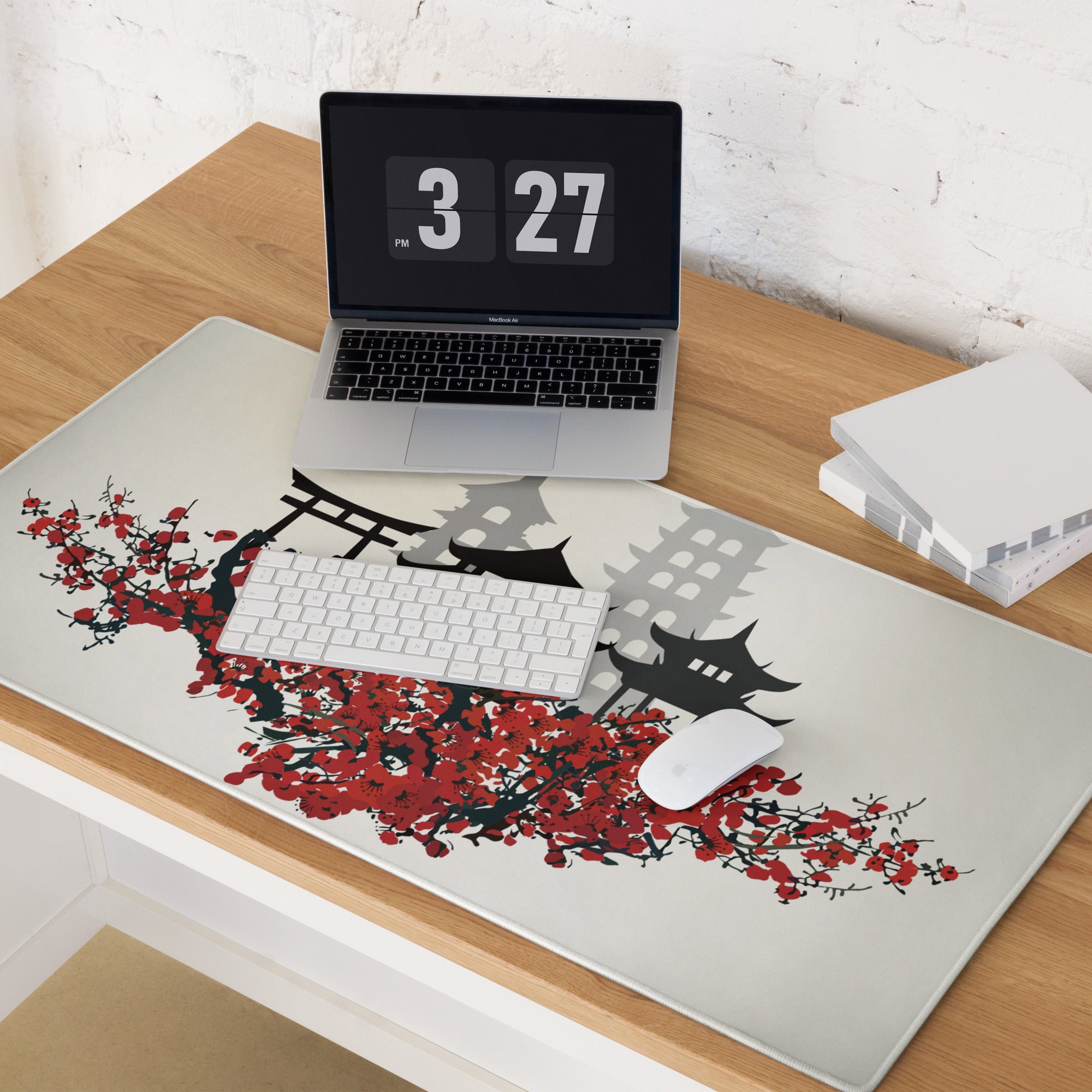 Zen Cityscape Gaming Mouse Pad - Japanese Cityscape Gray Black Red Beige Gaming Desk Ukiyoe Silhouette Serene Mood
