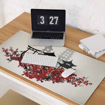 Zen Cityscape Gaming Mouse Pad - Japanese Cityscape Gray Black Red Beige Gaming Desk Ukiyoe Silhouette Serene Mood