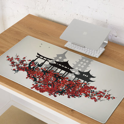 Zen Cityscape Gaming Mouse Pad - Japanese Cityscape Gray Black Red Beige Gaming Desk Ukiyoe Silhouette Serene Mood