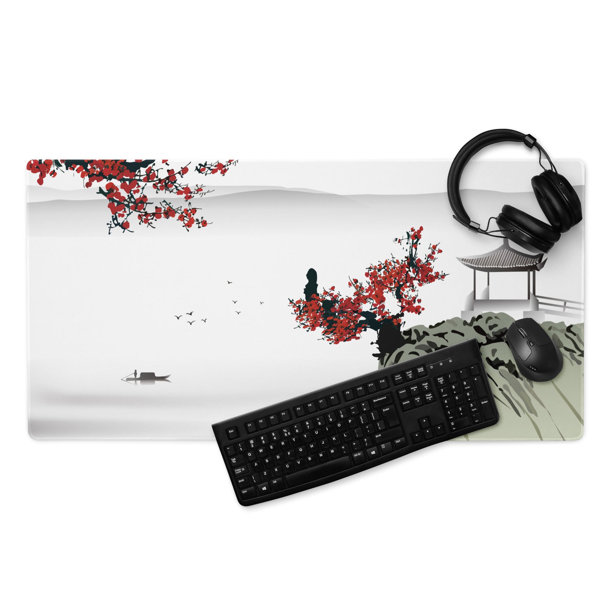 Zen Blossom Gaming Mouse Pad - Gaming Mouse Pad Red White Japanese Ink Calm Minimalist Asian Ink Wash