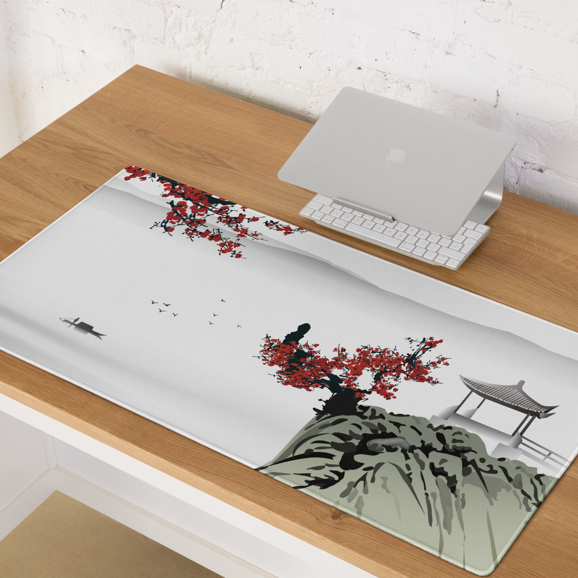 Zen Blossom Gaming Mouse Pad - Gaming Mouse Pad Red White Japanese Ink Calm Minimalist Asian Ink Wash