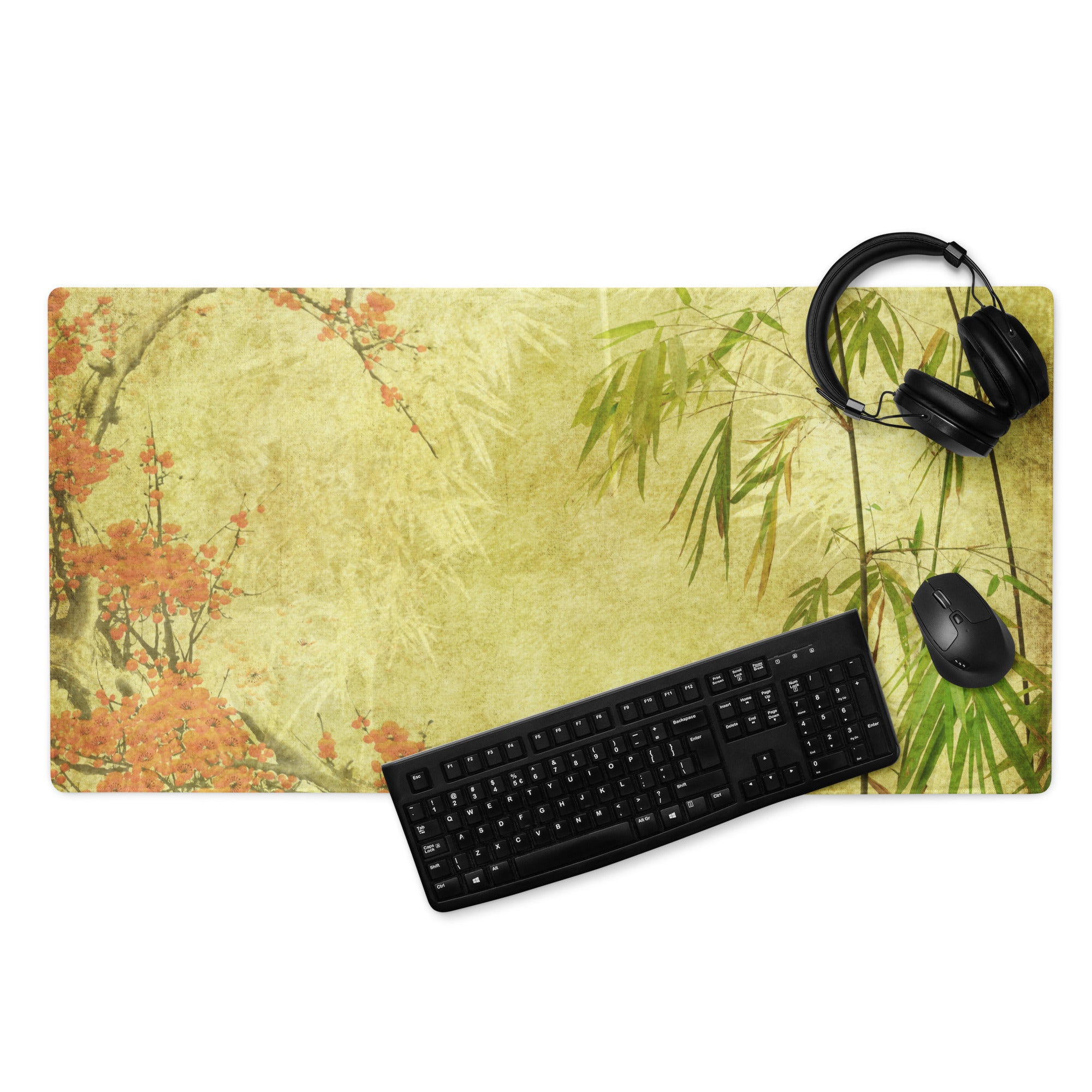 Serene Plum Blossom Bamboo Desk Pad - Plum Blossom And Bamboo On Beige Parchment Pad Sumi-E Calm Desk Accessory Ink Wash