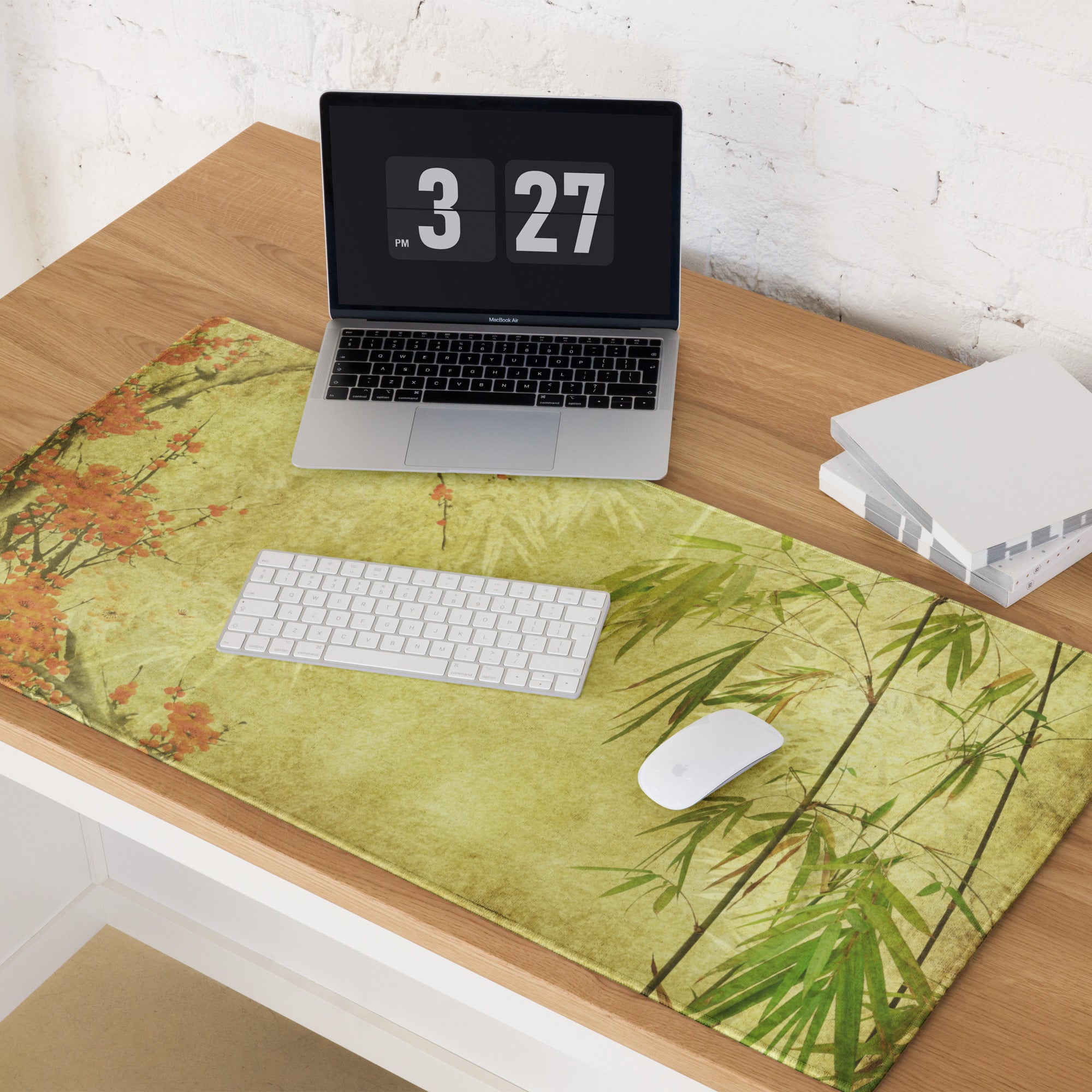 Serene Plum Blossom Bamboo Desk Pad - Plum Blossom And Bamboo On Beige Parchment Pad Sumi-E Calm Desk Accessory Ink Wash