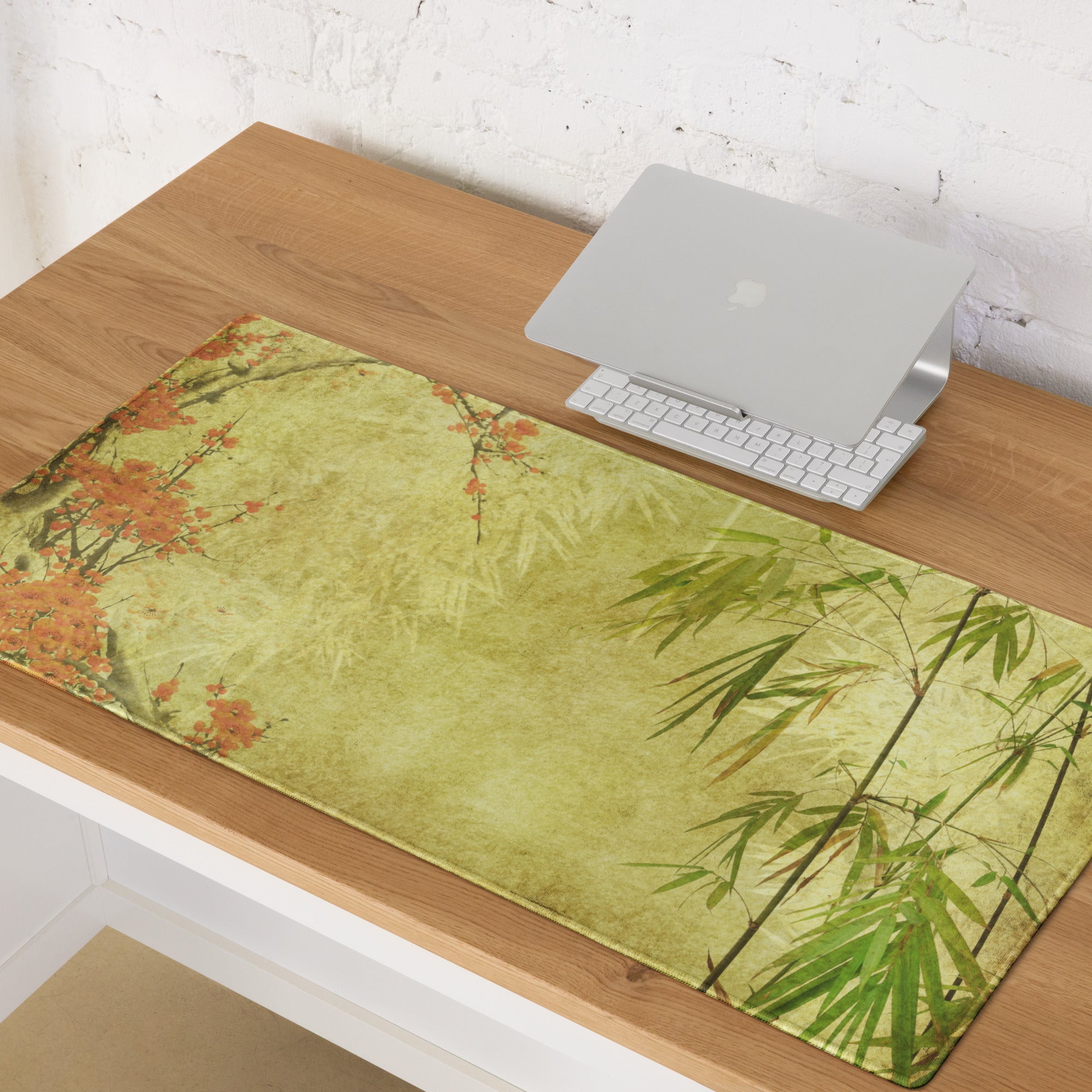 Serene Plum Blossom Bamboo Desk Pad - Plum Blossom And Bamboo On Beige Parchment Pad Sumi-E Calm Desk Accessory Ink Wash