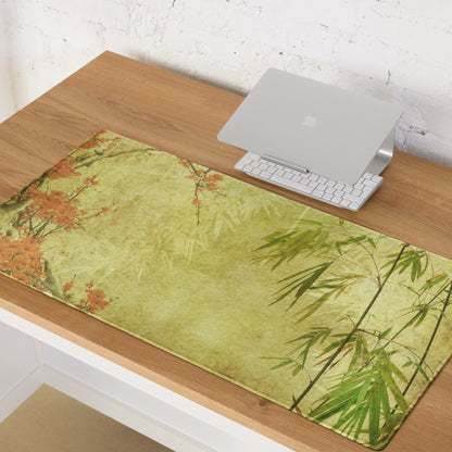 Serene Plum Blossom Bamboo Desk Pad - Plum Blossom And Bamboo On Beige Parchment Pad Sumi-E Calm Desk Accessory Ink Wash