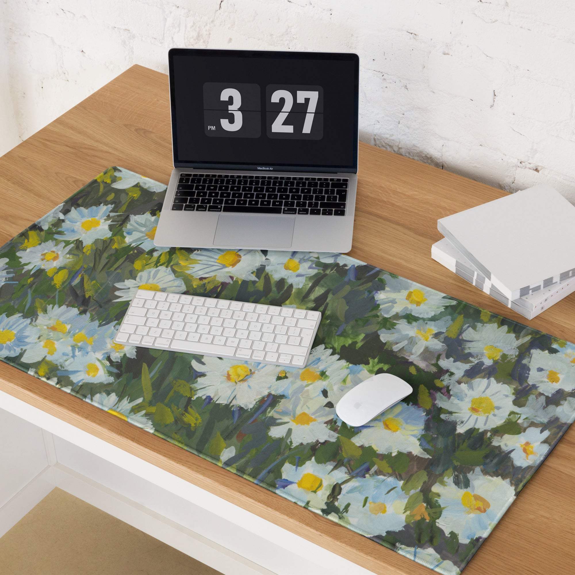 Floral Daisy Field Gaming Mouse Pad - Gaming Mouse Pad White Yellow Blue Green Impressionist Calm Mood Modern Desk Decor