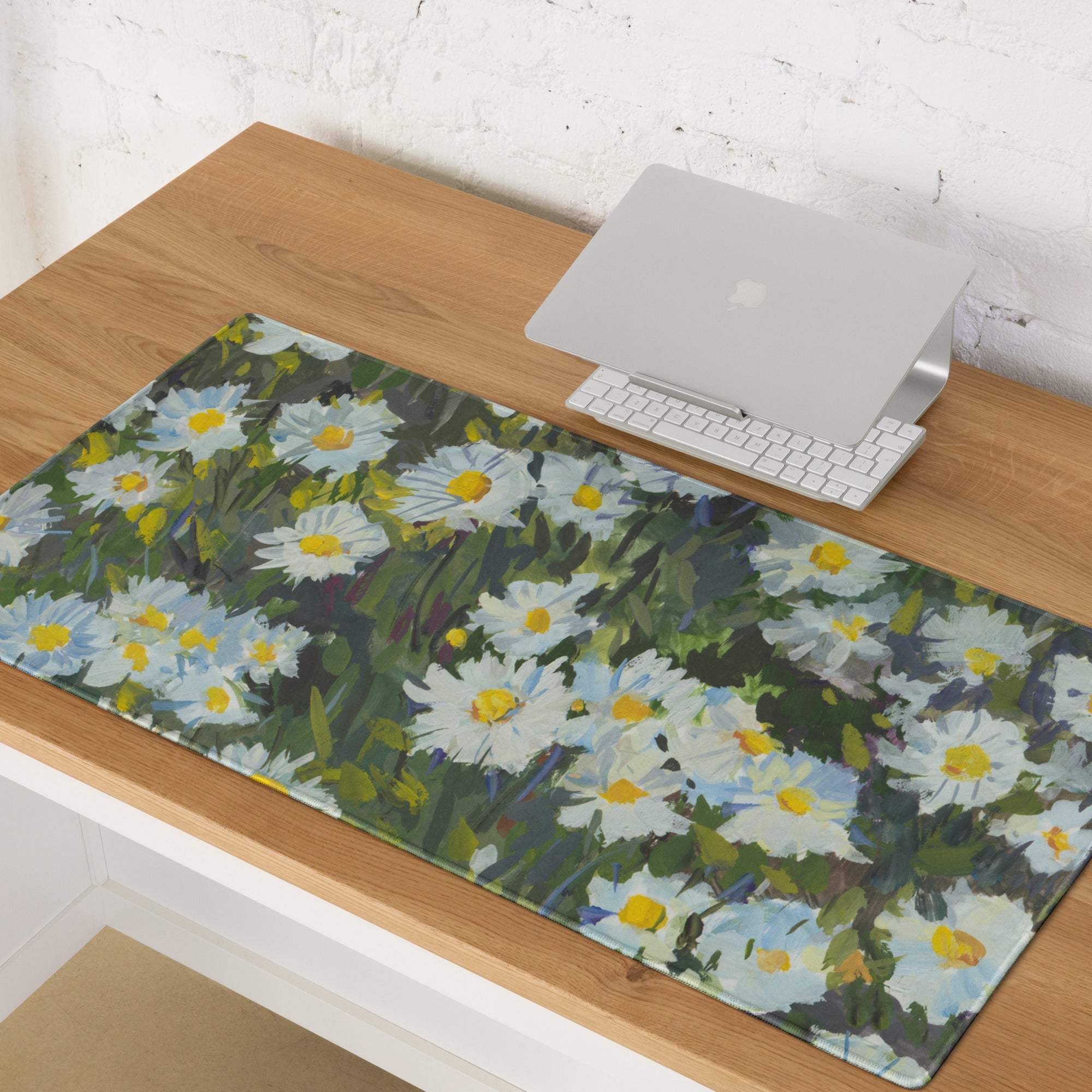 Floral Daisy Field Gaming Mouse Pad - Gaming Mouse Pad White Yellow Blue Green Impressionist Calm Mood Modern Desk Decor
