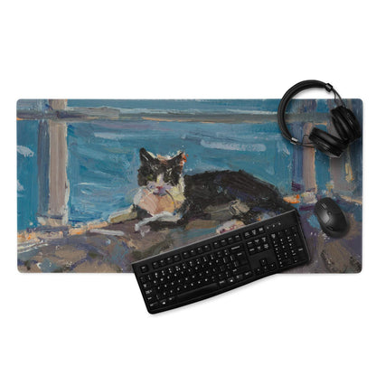 Azure Abstract Desk Mat - Landscape Blue Teal Gaming Desk Modern Moody Minimalist Mouse Pad Oil Painting