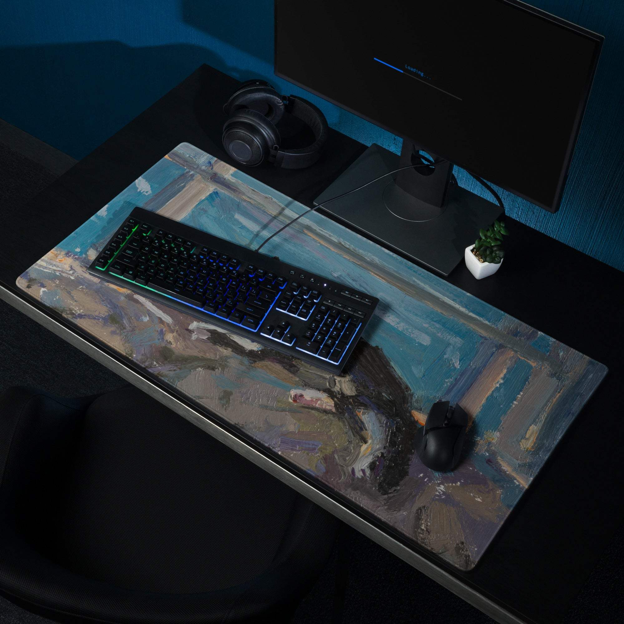 Azure Abstract Desk Mat - Landscape Blue Teal Gaming Desk Modern Moody Minimalist Mouse Pad Oil Painting