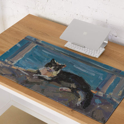 Azure Abstract Desk Mat - Landscape Blue Teal Gaming Desk Modern Moody Minimalist Mouse Pad Oil Painting