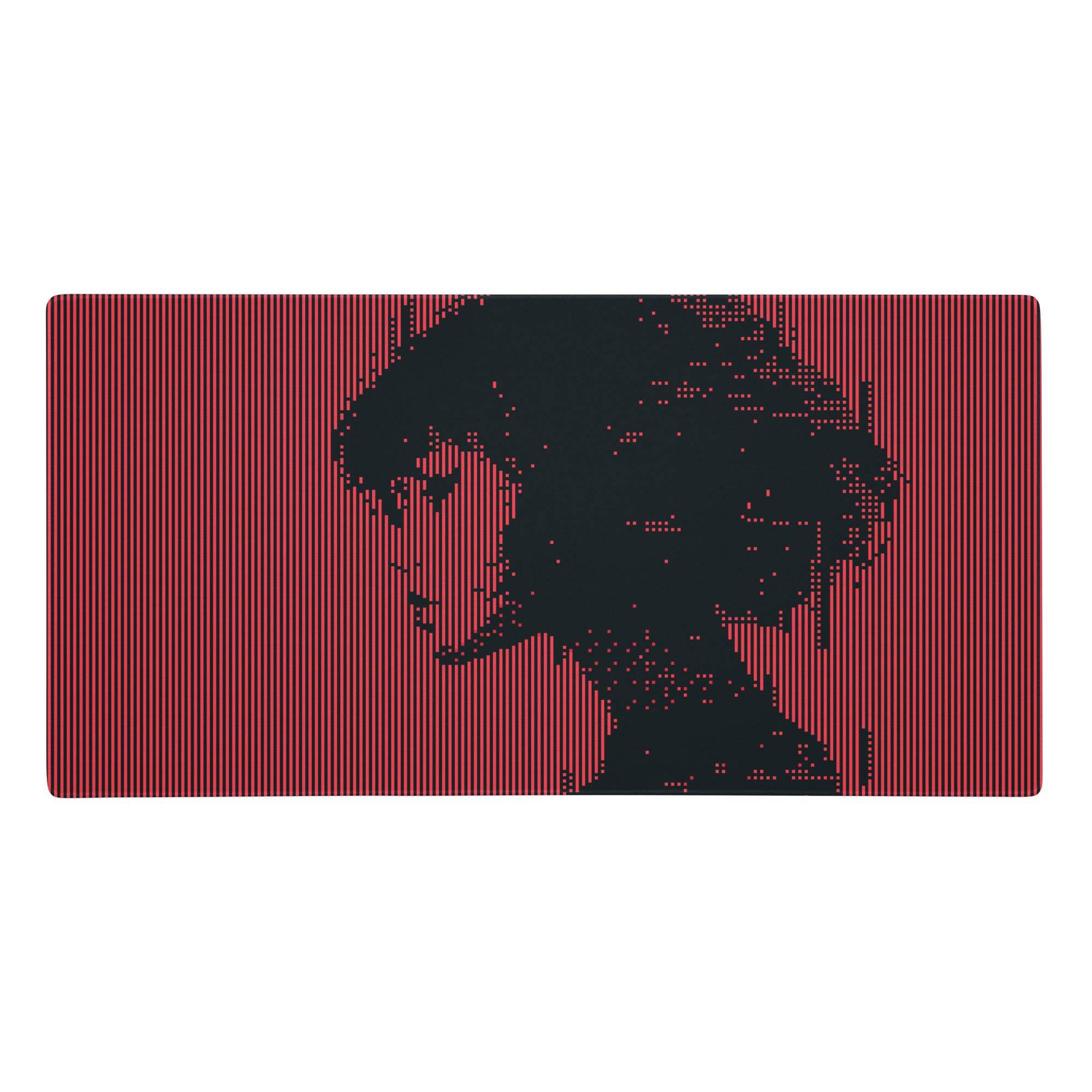 Rectangular crimson stripes gaming mouse pad with a pixelated black woman silhouette for sleek desktop use