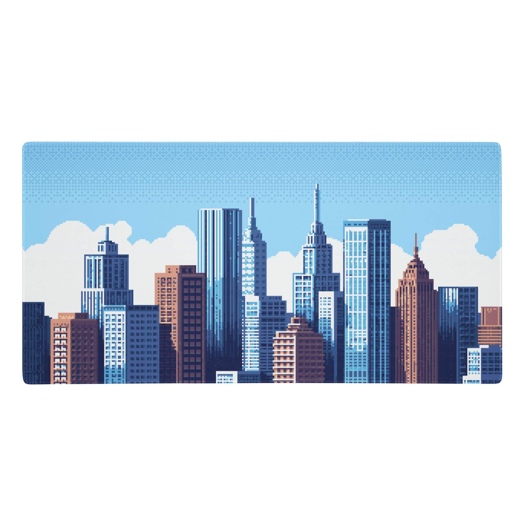 Blue city skyline gaming pad with stylized blue brown and gray skyscrapers on a light blue sky mouse pad
