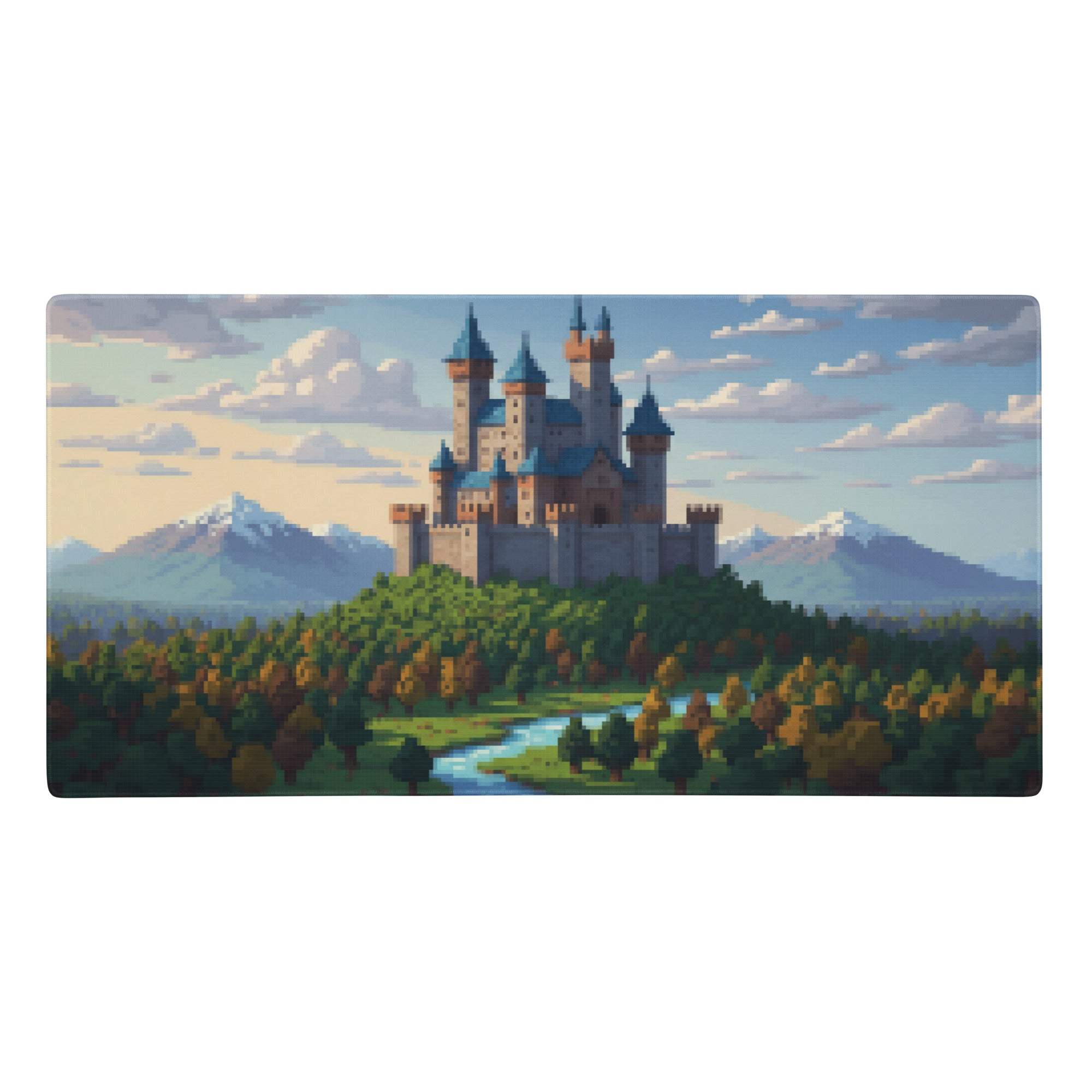 Rectangular blue and green pixel art gaming mouse pad featuring a castle with towers and scenic mountain background