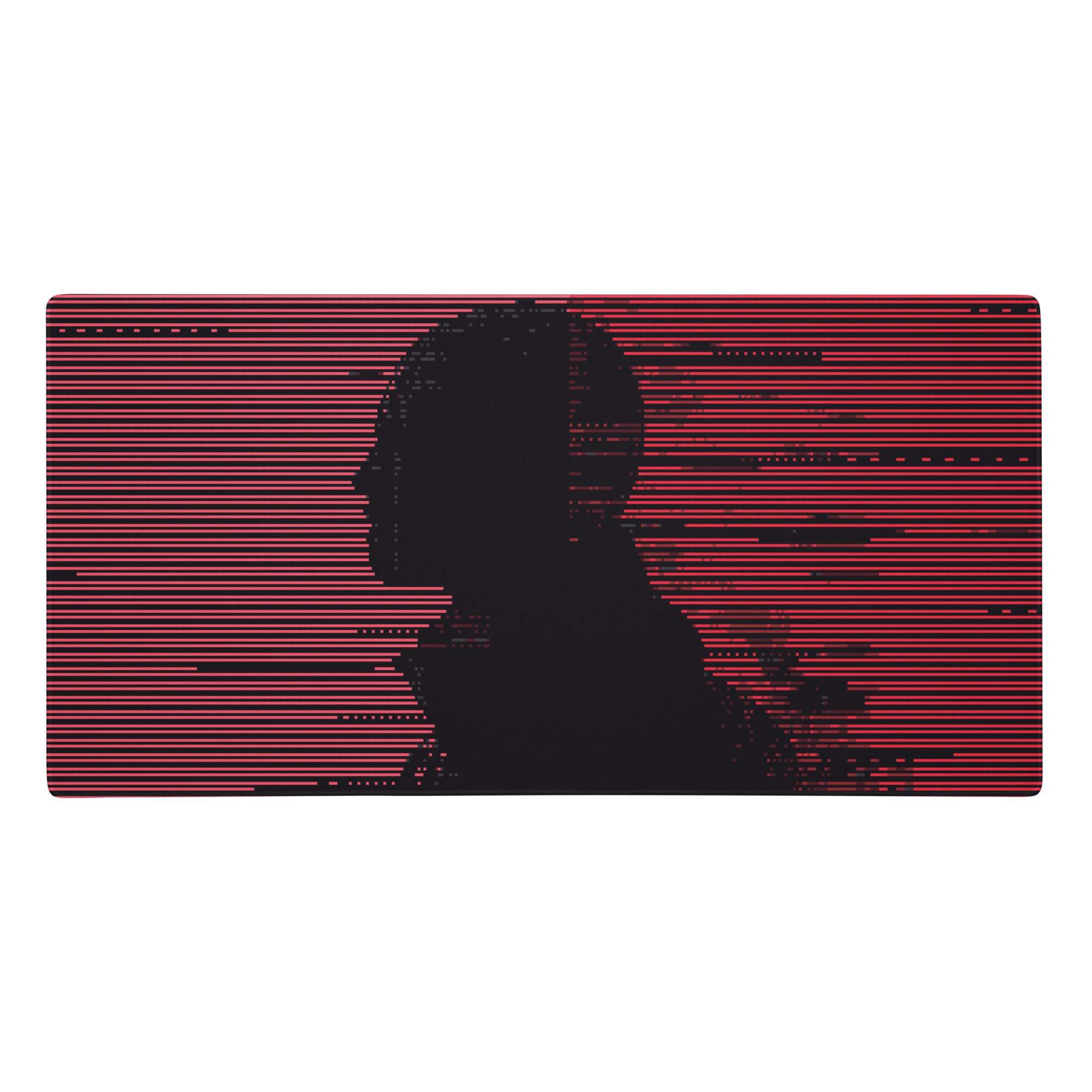 Crimson pixel pro gaming mouse pad with black silhouette on red glitch art background for desktop esports setups