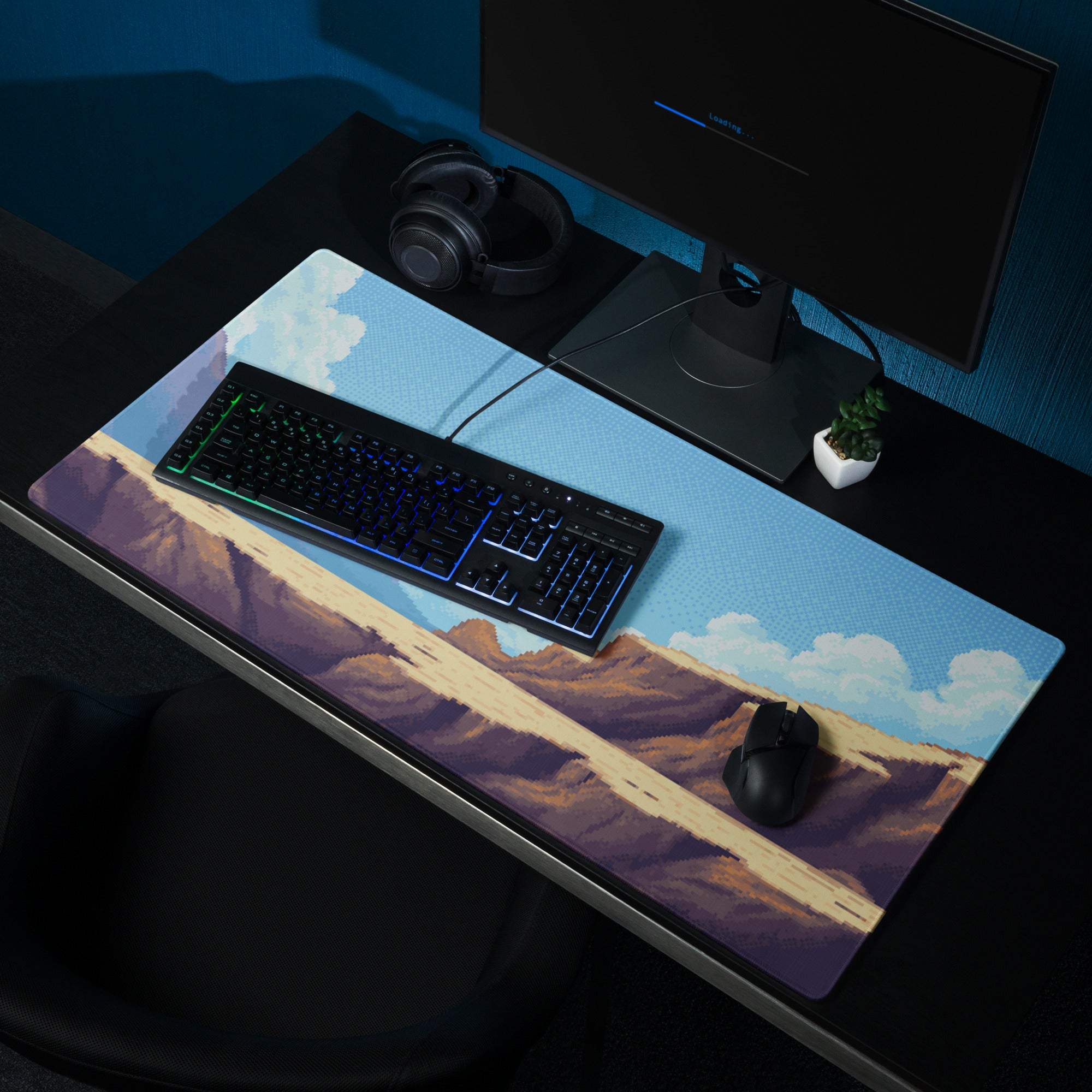 Pixel Desert Sky Gaming Pad - Desert Canyon Blue Sky Gaming Pixel Art Vibrant Mood Retro Decor Desktop Mat Digital Art