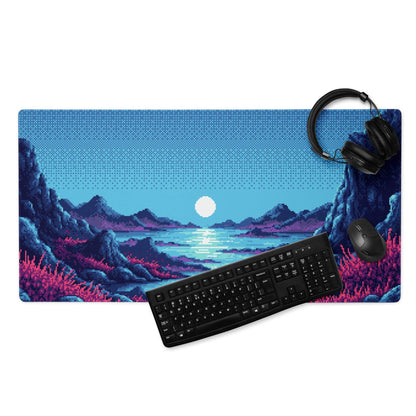 Nocturne Pixel Landscape Mouse Pad - Landscape Blue Moon Desk Pixel Art → Moody Retro Arcade Desk Pad Pixel Art