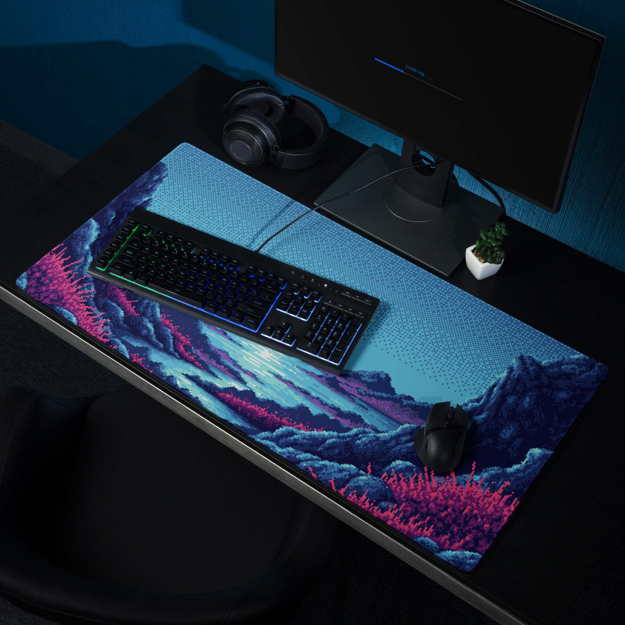 Nocturne Pixel Landscape Mouse Pad - Landscape Blue Moon Desk Pixel Art → Moody Retro Arcade Desk Pad Pixel Art